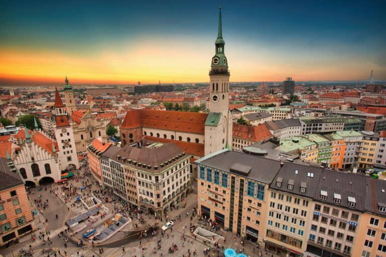 aerial view of city buildings during sunset